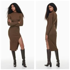 Aritzia Wilfred Alchemy Midi Dress Brown Ribbed Knit Mock Neck Size Small Preppy